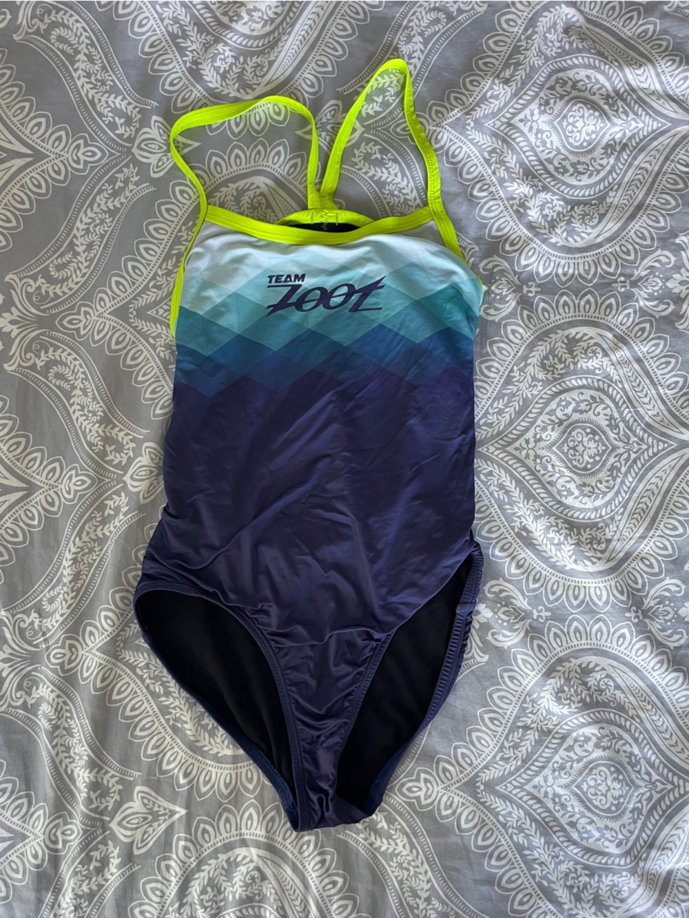 Zoot Gradient Racerback One Piece Swimsuit in Navy, Teal and Neon Yellow